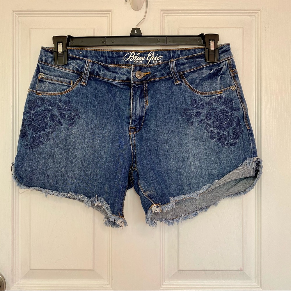 Embroidered Dark Blue Denim Shorts